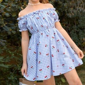 Girls Gingham Cherry Print Off Shoulder Dress